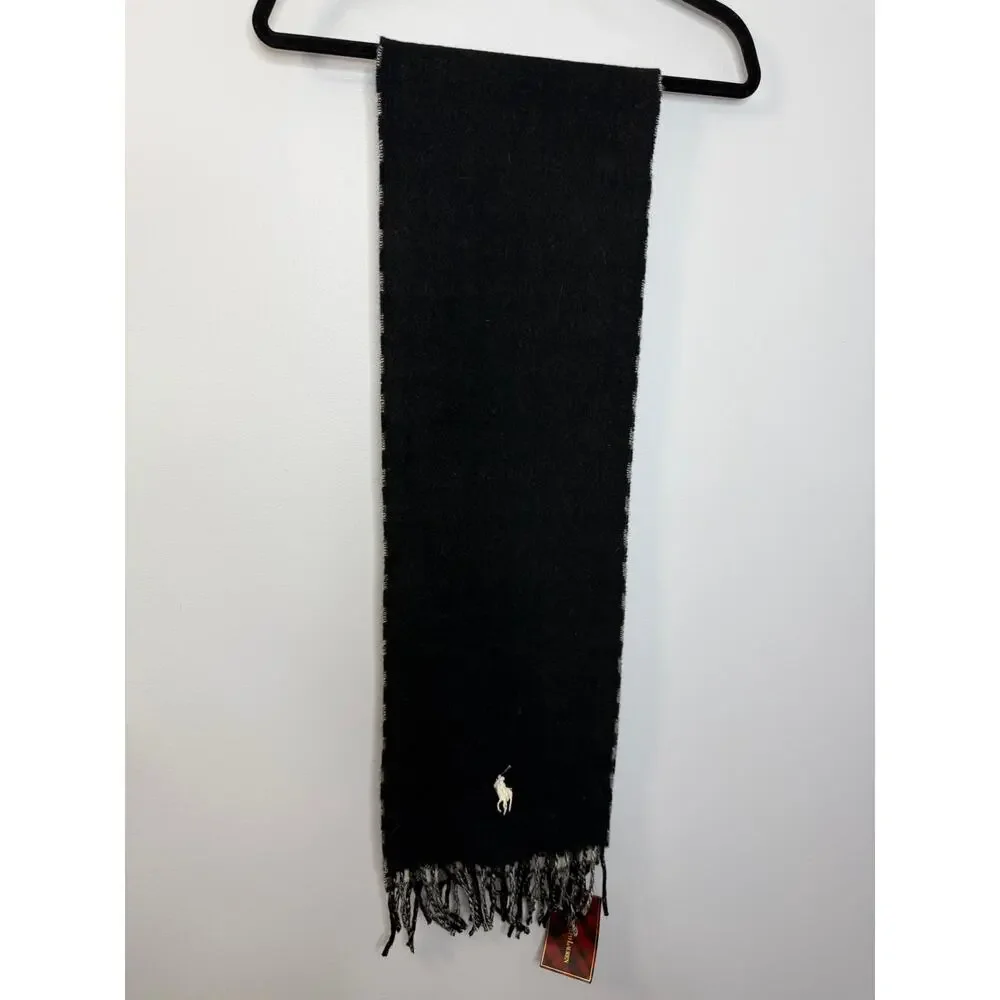 Polo Ralph Lauren Lamb Wool bBlack White Gingham Plaid Fringe Scarf New